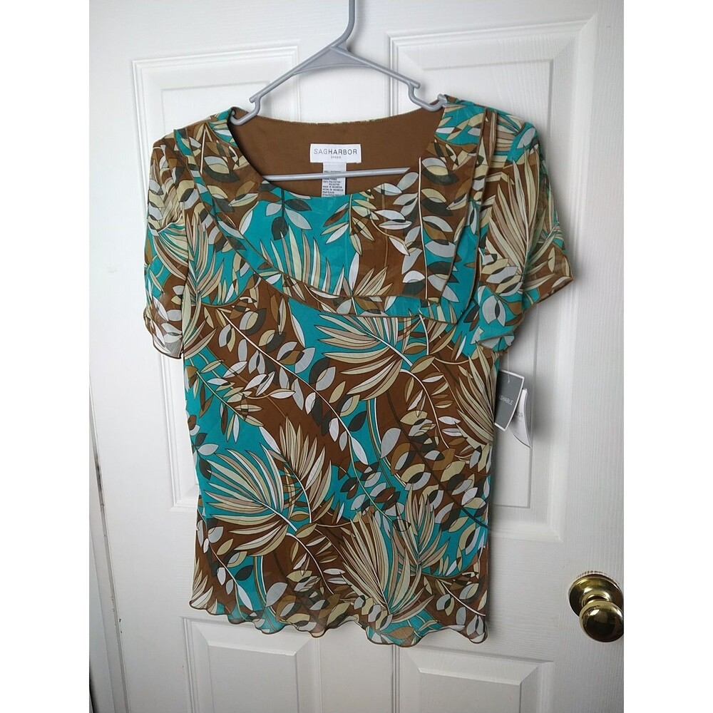 SagHarbor woman 12 blouse   Semi Sheer Cap Sleeve Business Palm Leaf Top.